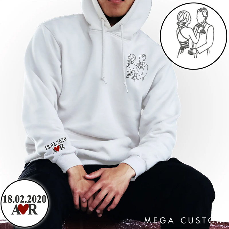 Personalized Custom Photo Line Drawing couple Sweatshirt Custom Initial for Couple Anniversary Valentine's Gift for Wife Holiday Top Cloth for Wife