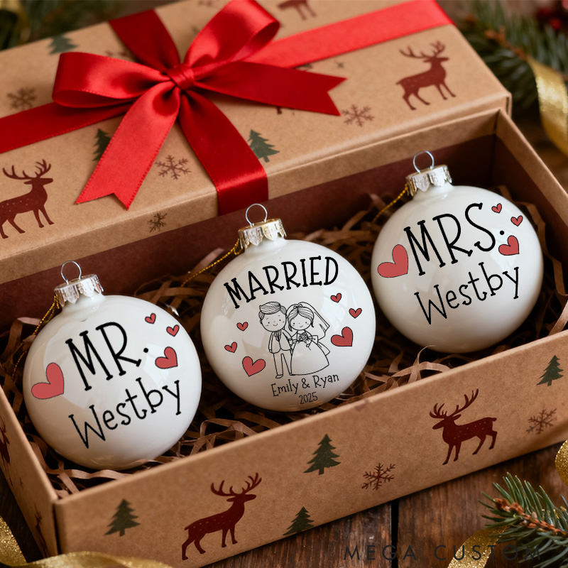 Personalized Mr and Mrs Matching Christmas Ball Ornament Our First Christmas Ornament Set For Newlywed Couple Wedding Ornament Keepsake