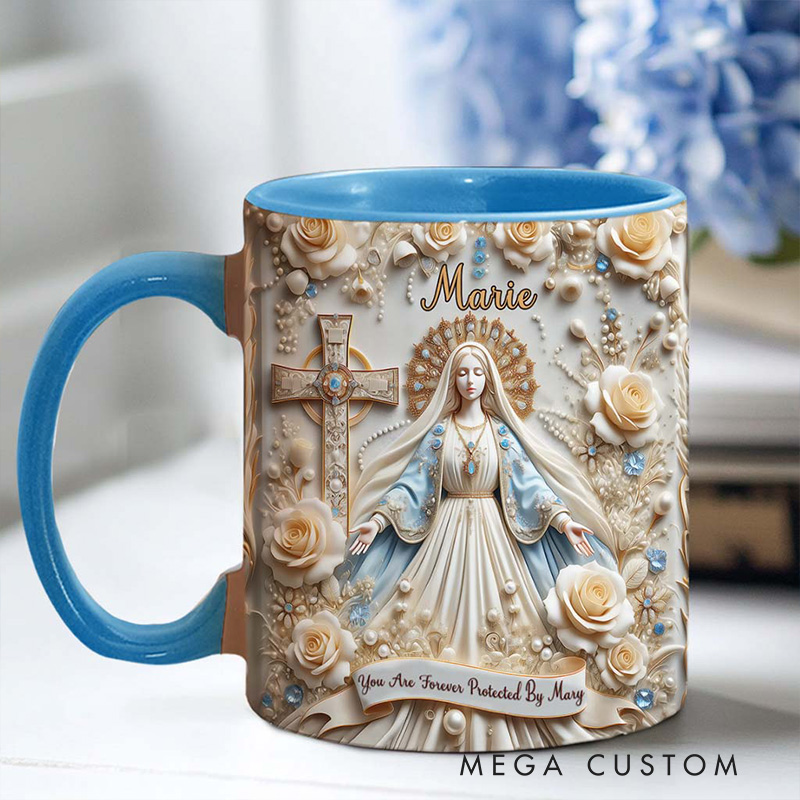 Personalized you are Forever Protected by Mary Ceramic Mug with Name Religious Inspirational Gift Catholic Gift for Women