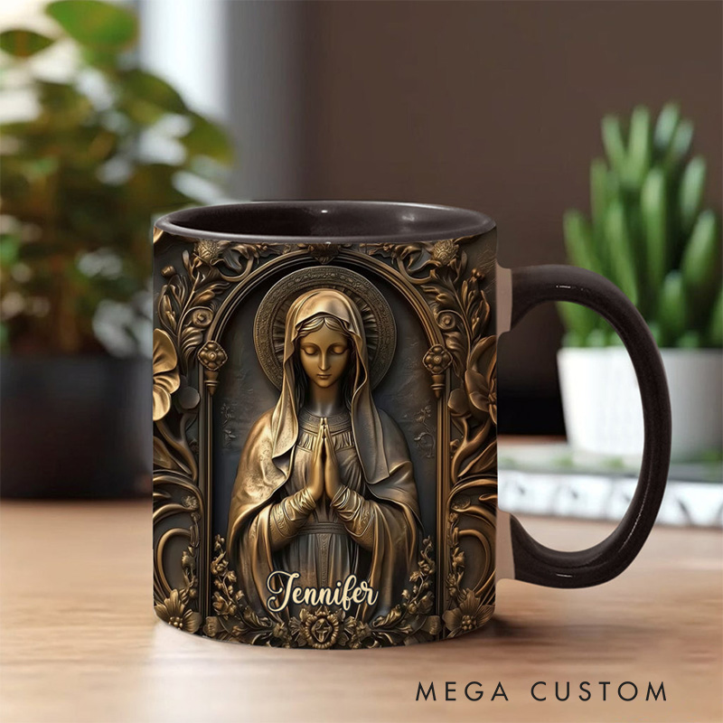 Personalized Vintage Virgin Mary Ceramic Mug with Name Religious Inspirational Gift Catholic Gift for Women