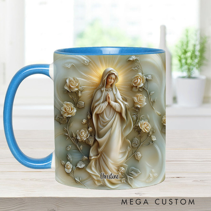 Personalized Virgin Mary Floral Ceramic Mug with Name Religious Inspirational Gift Catholic Gift for Women