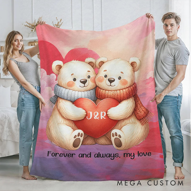 Personalized Cartoon Couple Bear in Love Blanket Custom Newlyweds Name Beer Heart Blanket Valentine's Day Gift for Husband Wife Boyfriend Girlfriend