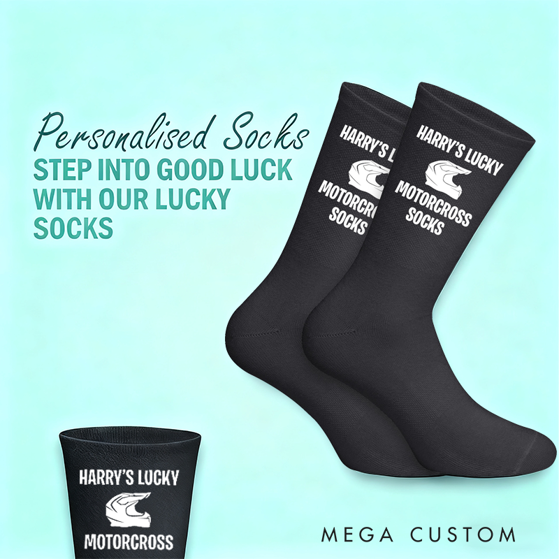 Personalized Lucky Motorcross Socks with Custom Name Design Gift for Motorcyclists and Motorcycle Enthusiasts