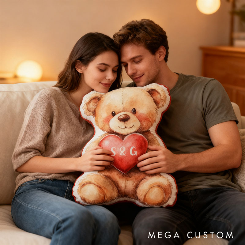 Personalized Flower Girl Bear Heart Pillow with Name Custom Couple Initials Cushion Valentine's Day Gift for Girl Christmas Gift for Girlfriend Wife
