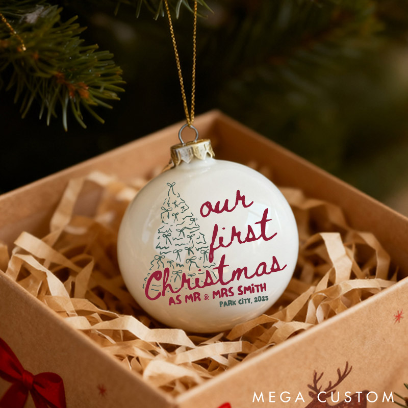 Personalized Our First Christmas as Mr and Mrs Christmas Ball Ornament Newlyweds Couple Tree Bow Married Xmas Ornament Christmas Gift for Him Her