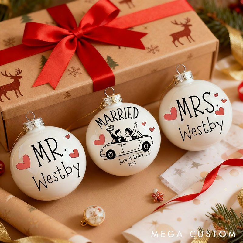 Personalized Mr and Mrs Matching Christmas Ball Ornament Our First Christmas Ornament Set For Newlywed Couple Wedding Ornament Keepsake