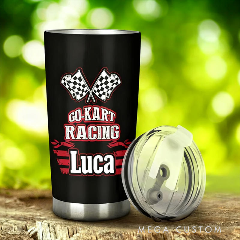 Personalized Go Kart Racing Tumbler Custom Name Stainless Steel Travel Mug Gift for Racers and Racing Lovers