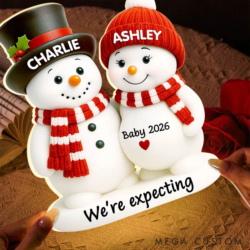 Personalized Couple Snowman Parents We're Expecting Pregnancy Baby Arriving Light Box Custom Night Light Decor Our First Christmas Gift for Him Her