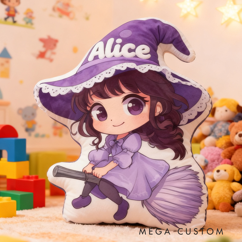 Personalized Graphic 3D Print Magic Witch Pillow with Your Name Soft Stuffed Toy for Kids Unique Decorative Cushion for Girls' Room