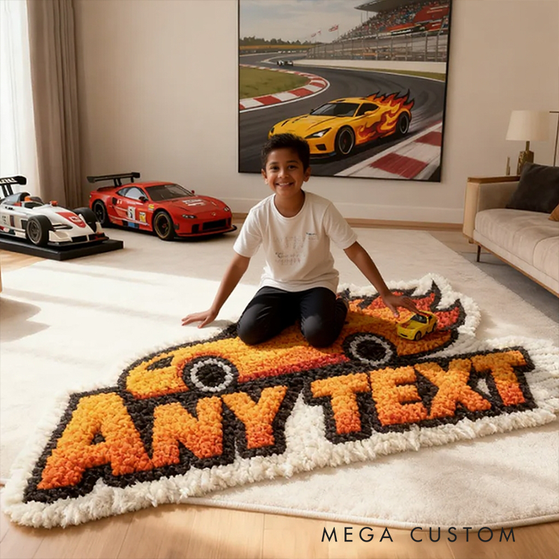 Personalized Racing Flame Shaped Rug Custom Text Sports Car Carpet for Racers and Motorsport Families