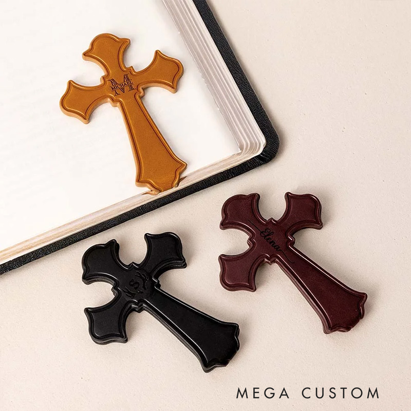 Personalized Cross Monogram Magnetic PU Leather Bookmark Clip with Engraved Name Religious Gift for Christians