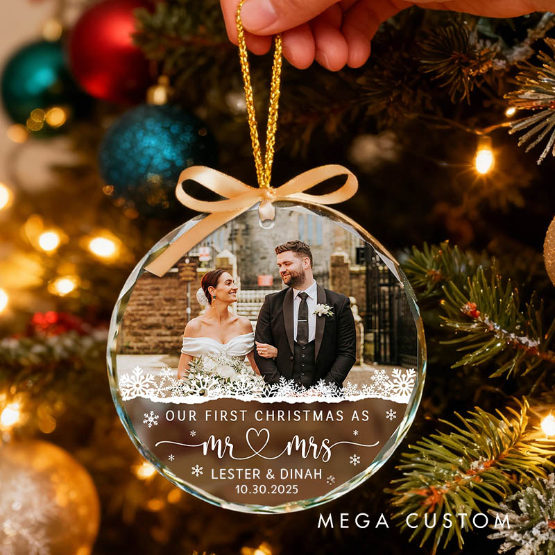 Personalized Couple Wedding Photo Glass Ornament Custom First Christmas Married Glass Ornament Our First Christmas Gift Engagement Gift for Newlyweds