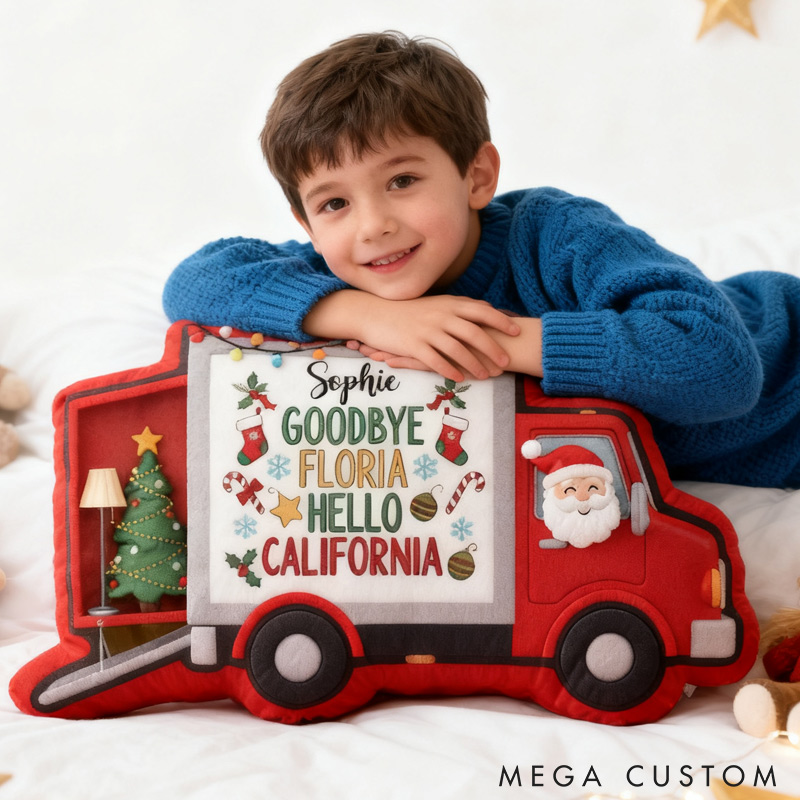 Personalized Moving Truck Pillow Custom Holiday Decoration with Names and Locations Keepsake for New Beginnings and Home Decor Christmas Gifts