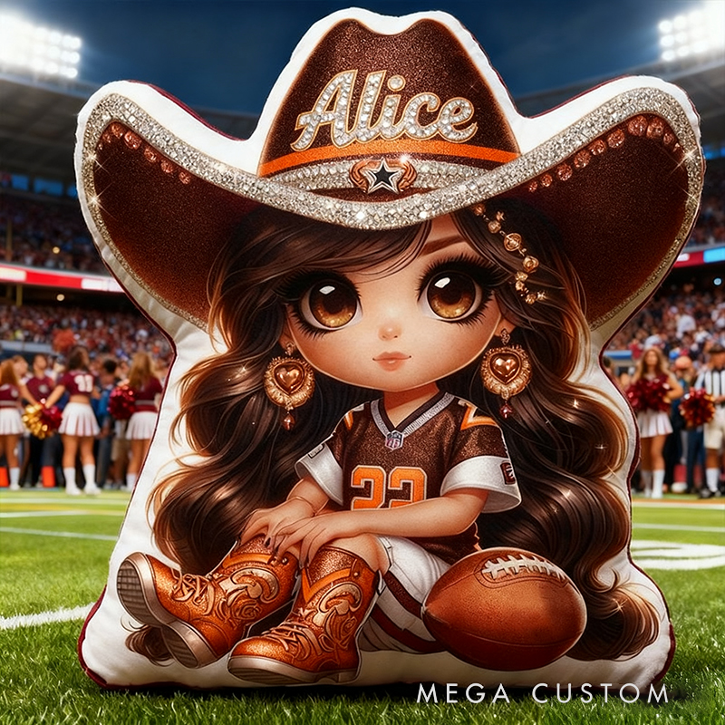 Personalized Cowgirl Football Plush Pillow Featuring Your Name
