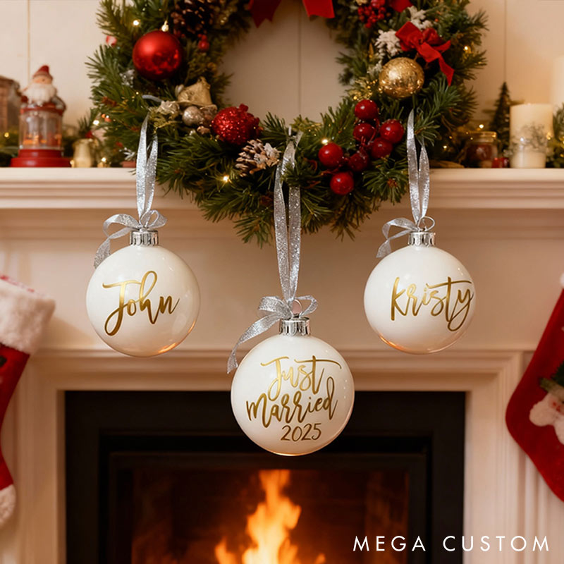 Personalized Just Married Matching Christmas Ball Ornament Our First Christmas Ornament Set For Newlywed Couple Wedding Ornament Keepsake
