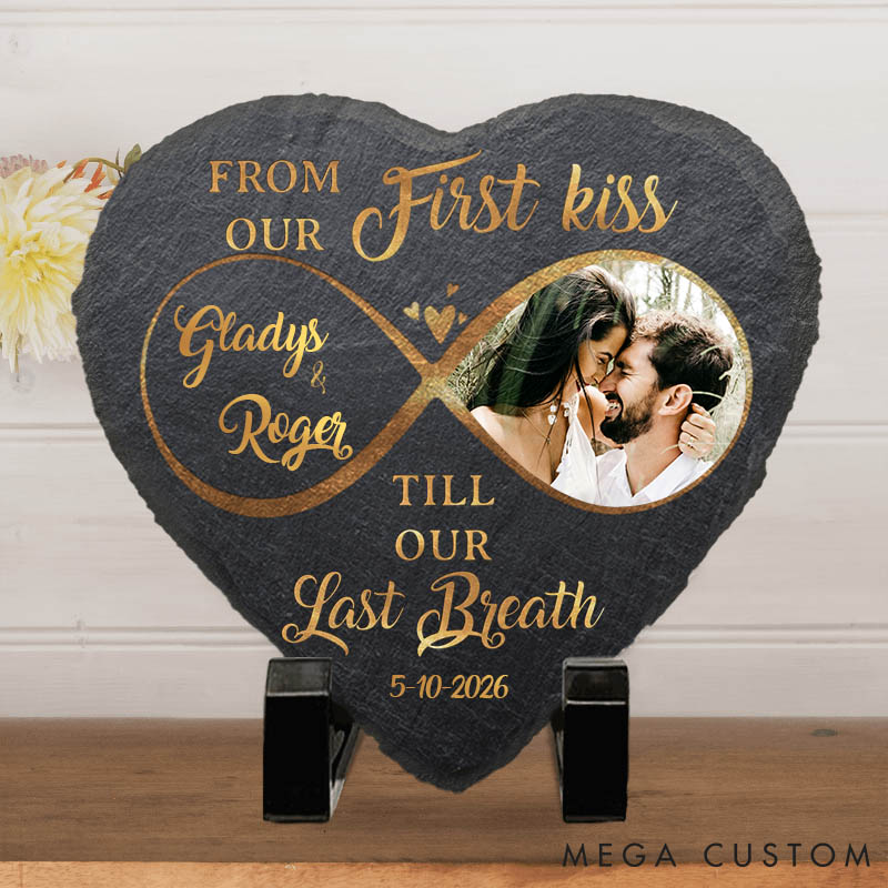 Personalized Couple Photo From Our First Kiss Till Our Last Breath Heart and Square Shaped Stone with Stand First Christmas Gift Valentine's Day Gift
