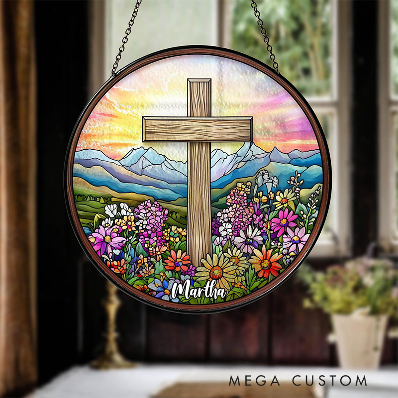 Personalized Cross Wildflowers Stained Glass Suncatcher Ornament with Name Window Balcony Hanging Decor Home Decor Religious Faith Gift