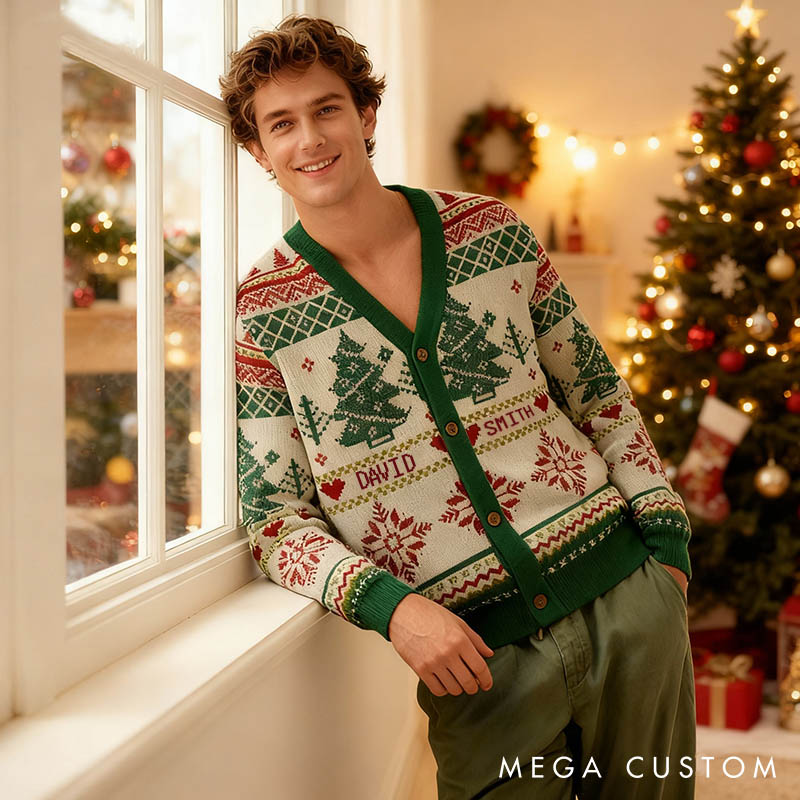 Personalized Couple Vintage Christmas Tree and Snowflakes Christmas Cardigan Sweater Newlyweds Matching Ugly Sweater Cozy Christmas Outfit for Him Her