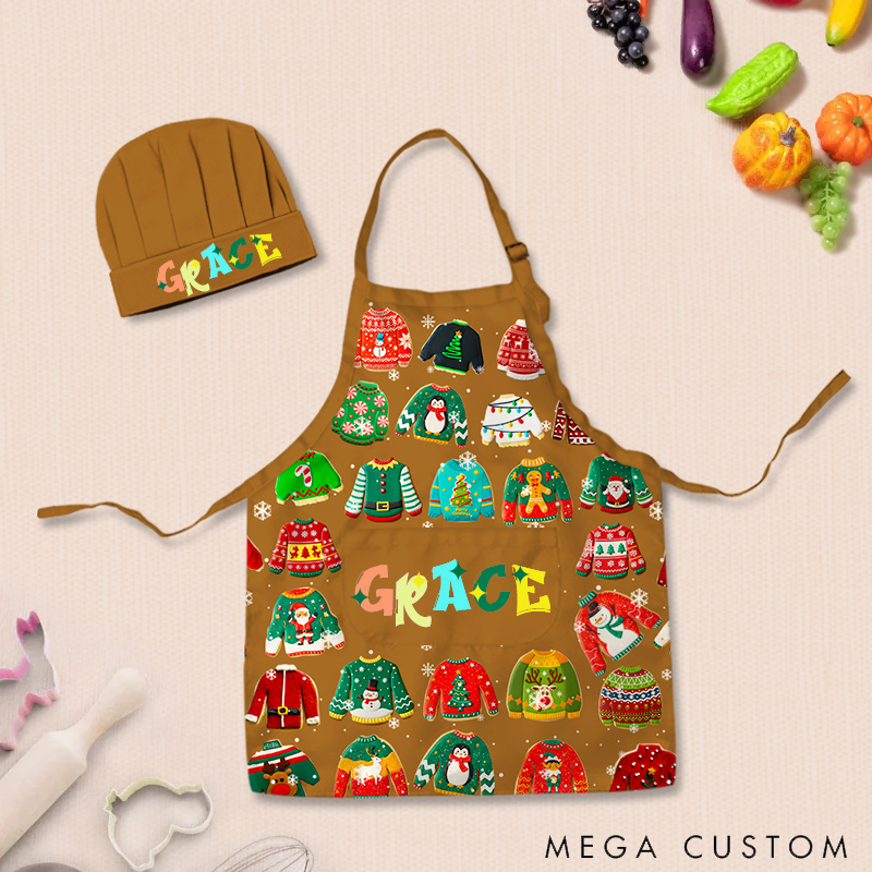 Personalized Ugly Sweater Baking Cookies Adjustable Kid Apron Chef Hat Set with Pocket and Name for Christmas Baking Birthday Holiday Gift for Kids