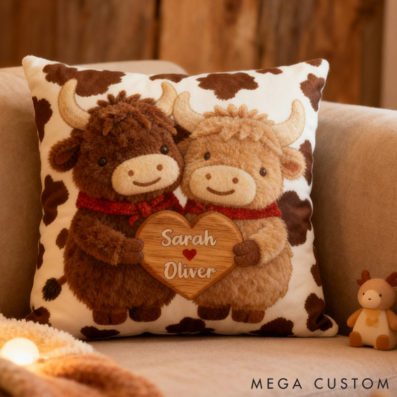 Personalized Couple Highland Cow Design Custom Names Newlyweds Couple Home Pillow Romantic Anniversaries Gift for Husband Wife Home