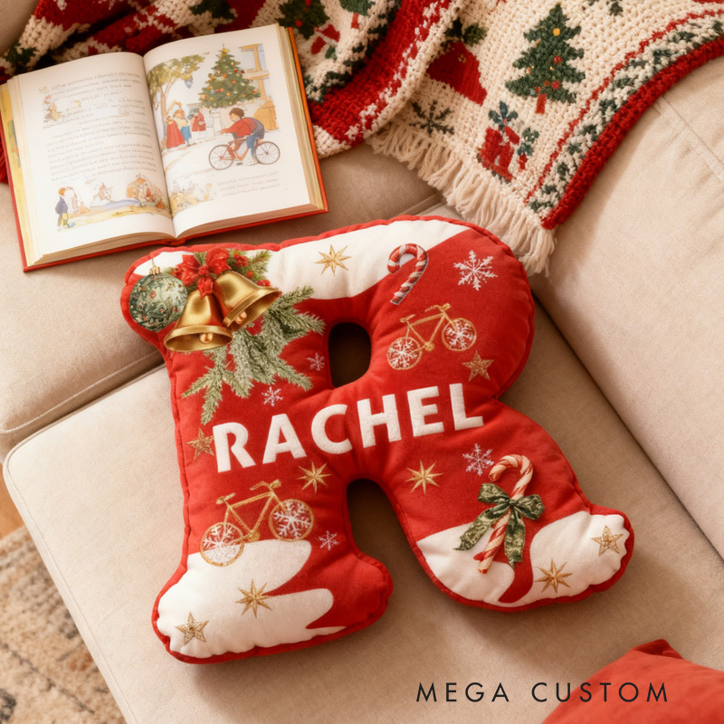 Personalized Red Christmas Letter Pillow Custom Name Festive Decor with Bicycle Snowflake Christmas Gifts for Family Graphic 3D Print Cycling Riding Lovers