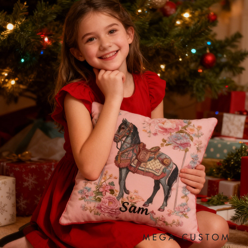 Personalized Riding Floral Horse Pillow Floral Horse Custom Name Festive Flower Decor with French Countryside Gifts for Family Graphic 3D Print Riding Lovers