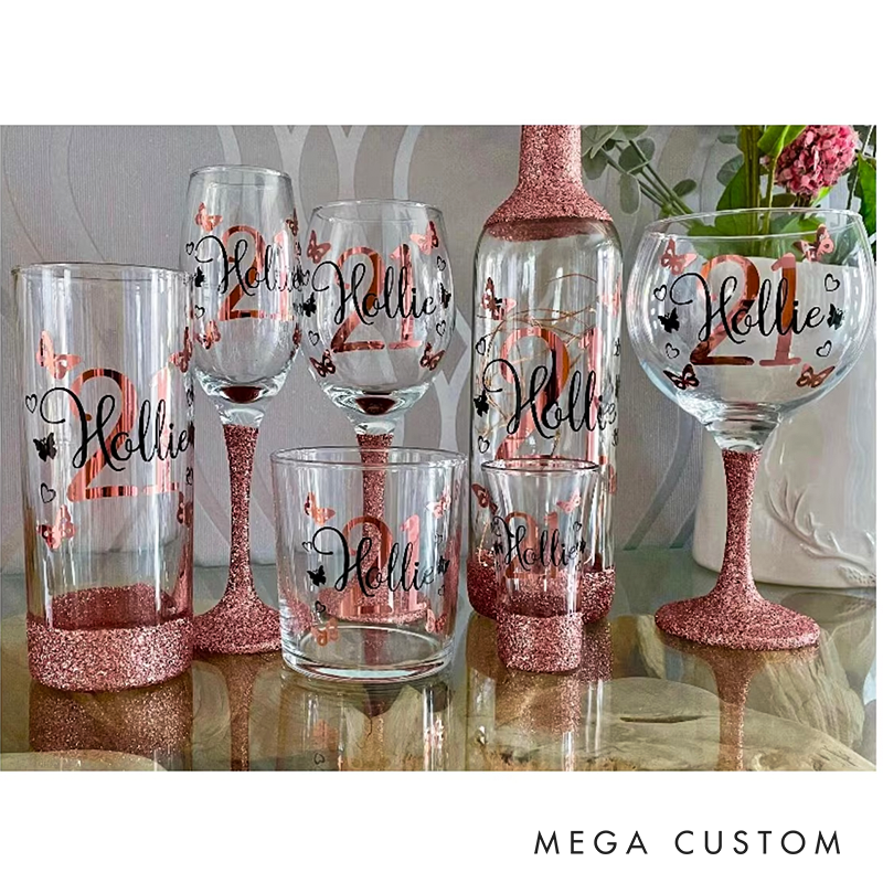 Personalised Glitter Birthday Glass Butterfly Name & Age 18th 21st Gift For Her 30th 40th 50th Lit Bottle Gin Wine