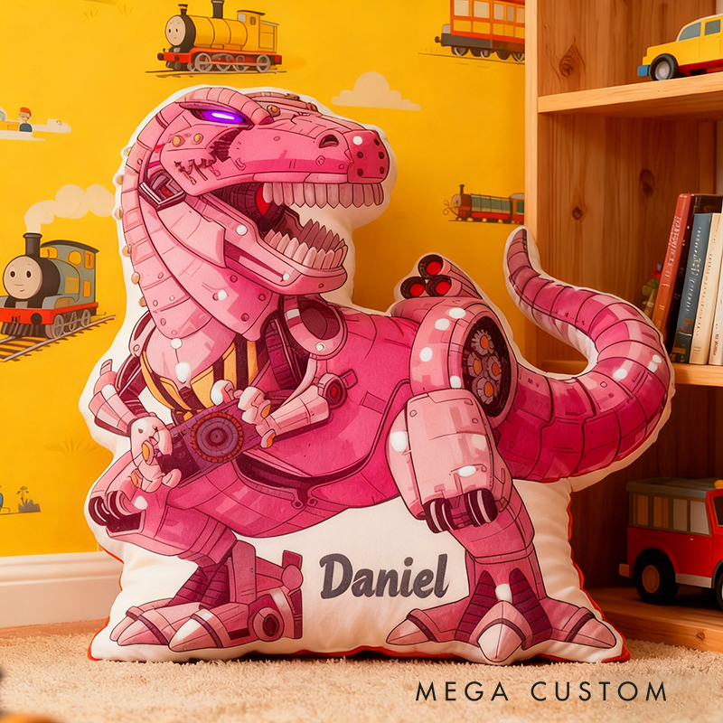 Personalized Robot Dinosaur Name Custom Soft Decorative Gift Futuristic Mechanical Style Fun Playful Cozy Boy Room Exciting Tech Power Jurassic Metal Graphic 3D Print Pillow