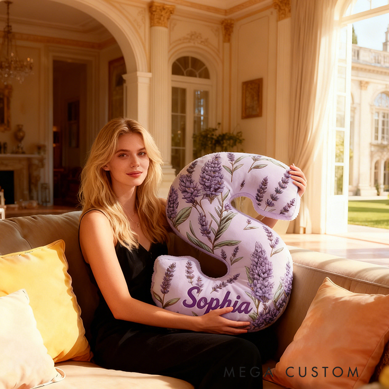 Personalized Lavender Floral Letter Pillow 3D Graphic Print Custom Name and Initial Appreciation Gifts