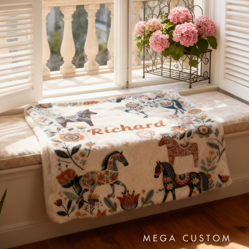 Personalized Riding Floral Blanket Floral Horse Custom Name Throw Blanket Festive Flower Decor with French Countryside Gifts Family Blanket for Riding Lovers Equestrian Lovers