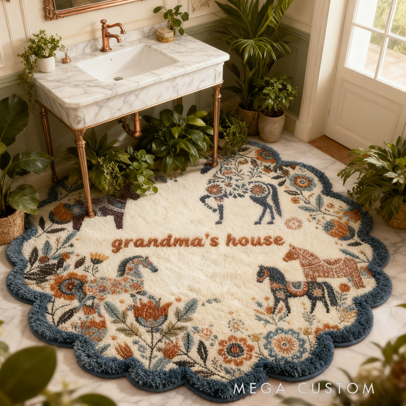 Personalized Rugs Riding Floral Doormat Floral Horse Custom Name Festive Flower Decor with French Countryside Gifts Doormat for Family for Riding Lovers Equestrian Lovers