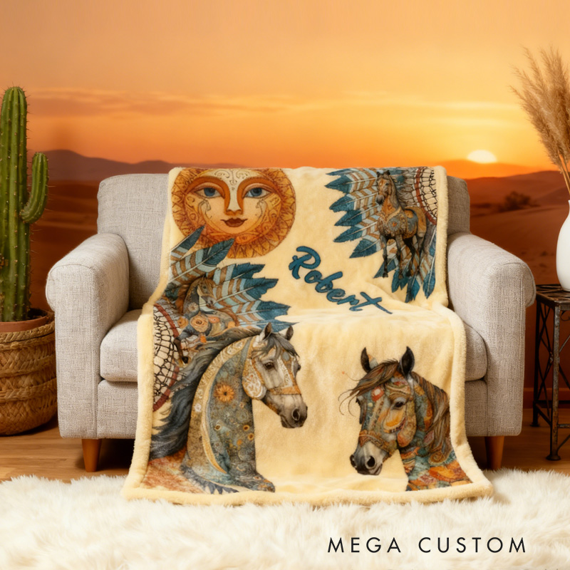 Personalized Riding Feather Sun Blanket Flower Horse Custom Name Festive Flower Decor with French Countryside Gifts Family Blanket for Riding Lovers Equestrian Lovers
