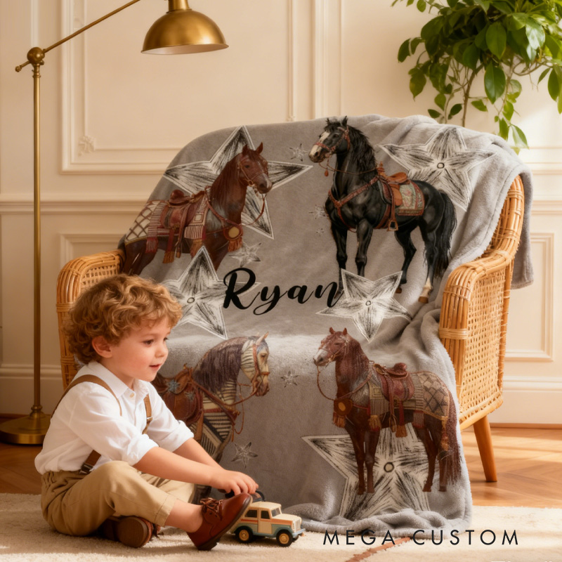 Personalized Riding Star Blanket Equestrian Horse Custom Name Festive Stars Decor with French Countryside Gifts Family Blanket for Riding Lovers Equestrian Lovers