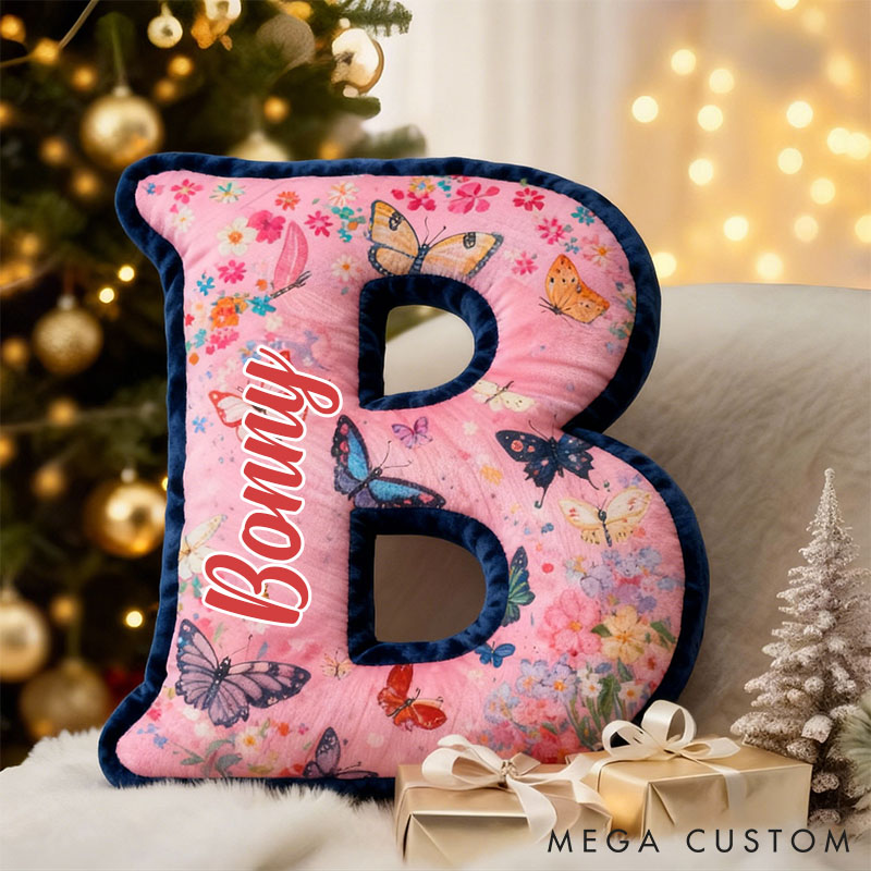 Personalized Butterfly and Floral Letter Pillow Custom Elegant Flowers Pattern Throw Pillow Christmas Butterflies Decor Pillow for Her Him