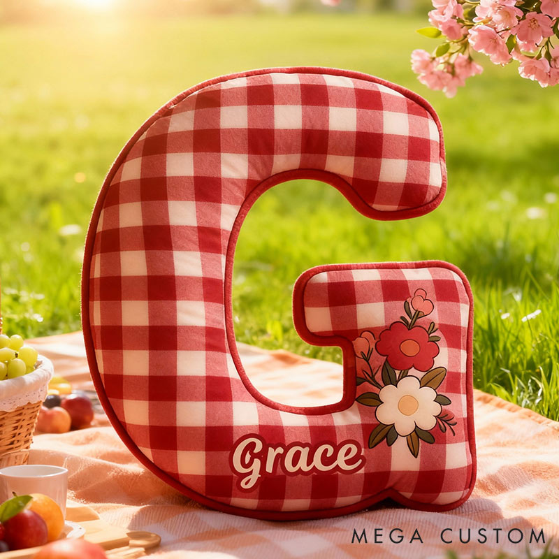 Personalized Red Checkerboard Flower Letter Pillow Initial Flower Throw Pillow Custom Holiday Home Decor Letter Pillow for Flower Girl for Girl friend