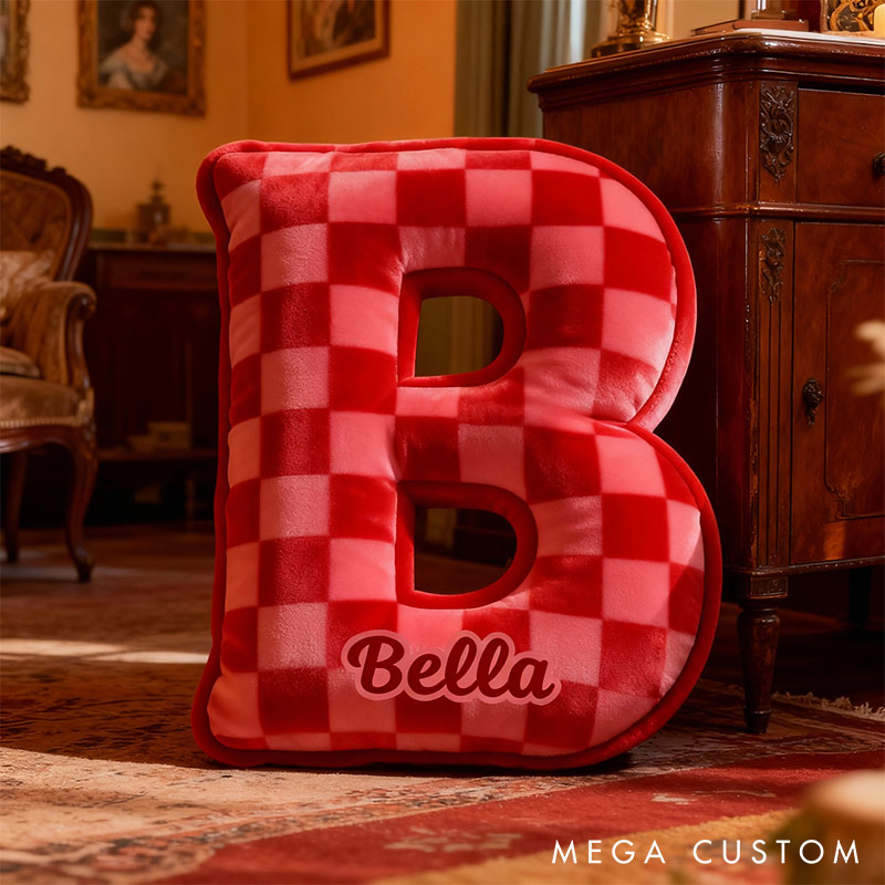 Personalized Vintage Red Checkerboard Letter Pillow Initial Throw Pillow Custom Holiday Home Decor Letter Pillow for Flower Girl for Girl friend