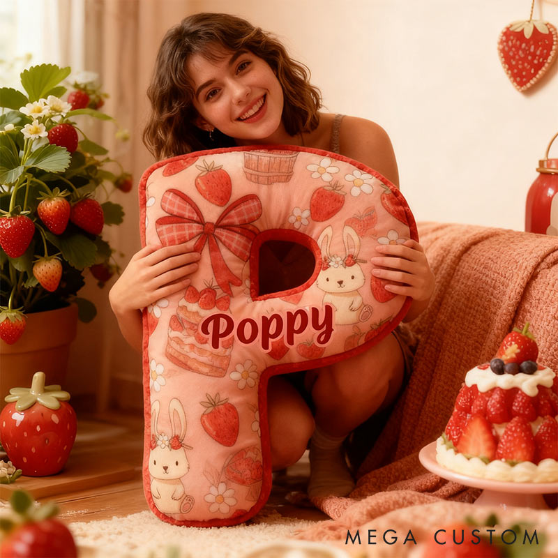 Personalized Strawberry Rabbit Letter Pillow Initial Rabbit Throw Pillow Custom Holiday Home Decor Letter Pillow for Flower Girl for Girl friend