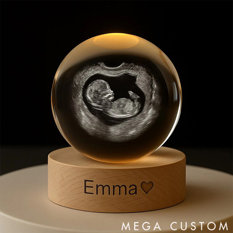 Personalized Crystal Ball Night Light, Custom 2D Photo Ultrasound Picture Frames, Luminous Wooden Base