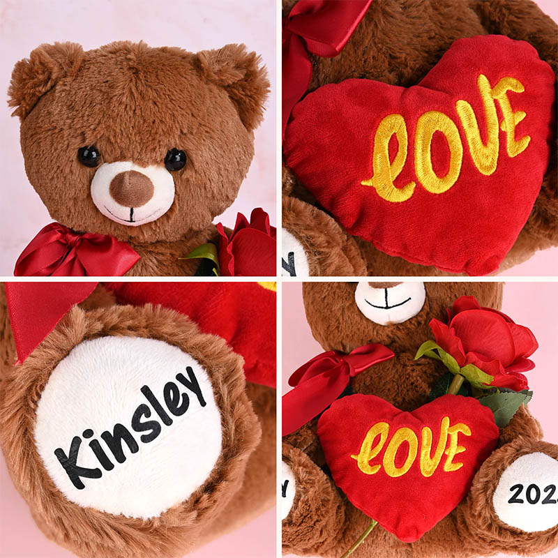 Personalized Couple I Love You Red Heart Bow Stuffed Bear with Name Stuffed Plush Bear Toy with Custom Text Valentines Day Anniversary Gift for Couple