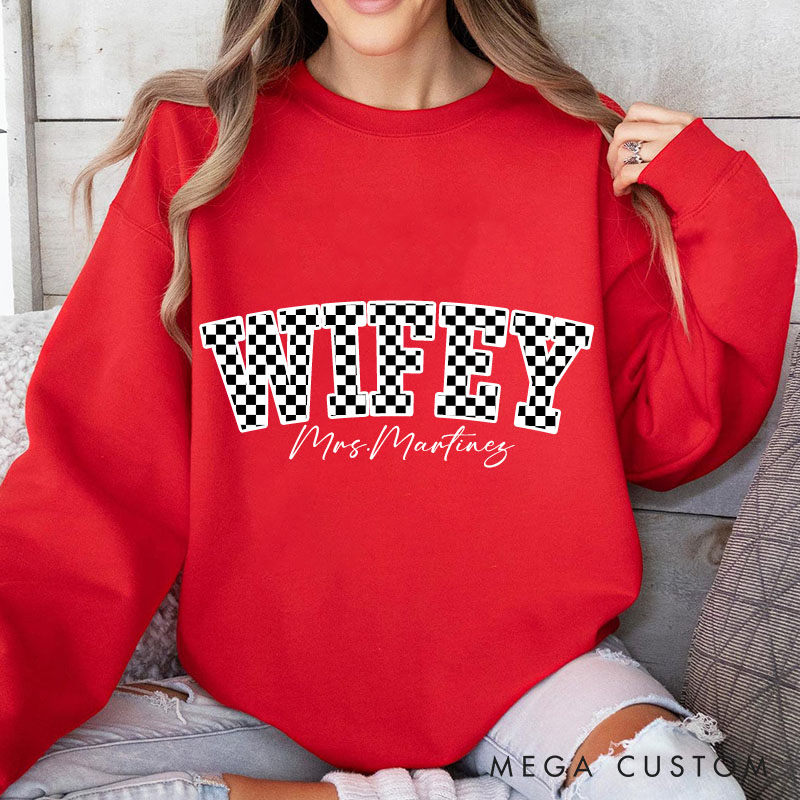 Personalized Checkered Wifey Sweatshirt with Name Custom Black and White Plaid Wifey Sweatshirt for Wife Couple Valentines Gift for Her