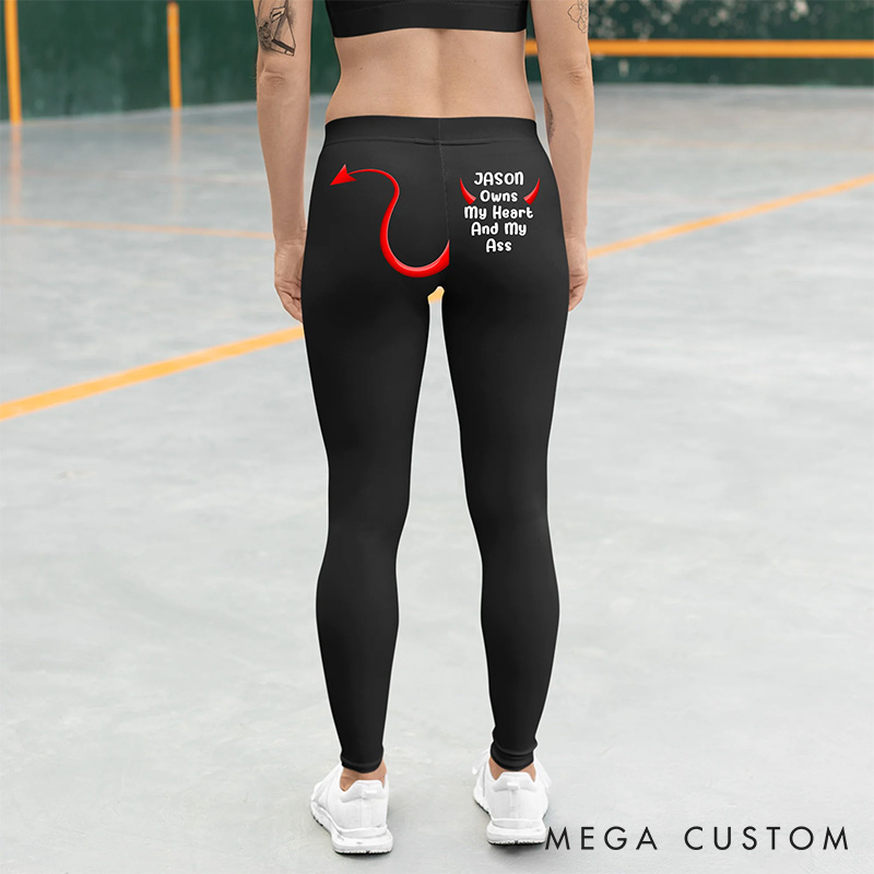 Personalized Girlfriend Wife He Owns My Heart and My Ass Legging Women Devil Horn Stretch Yoga Pants with Name Valentines Day Anniversary Gift for Her