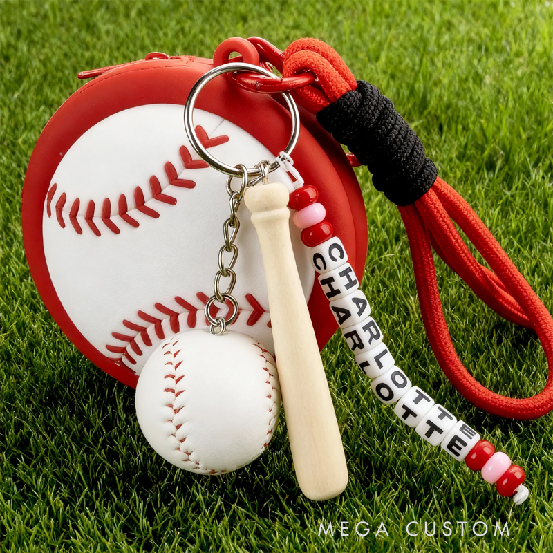 Personalized name keychain with beads, tennis ball charms, racket and ball charms, waterproof silicone storage pouch for headphones, gift for tennis lovers