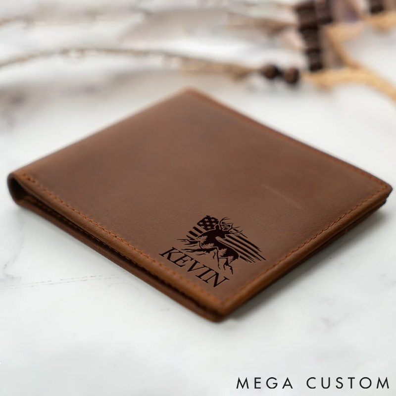 Personalized Deer And Flag Camping Wilderness Adventure Leather Wallet Gift Nature Hiking Lovers