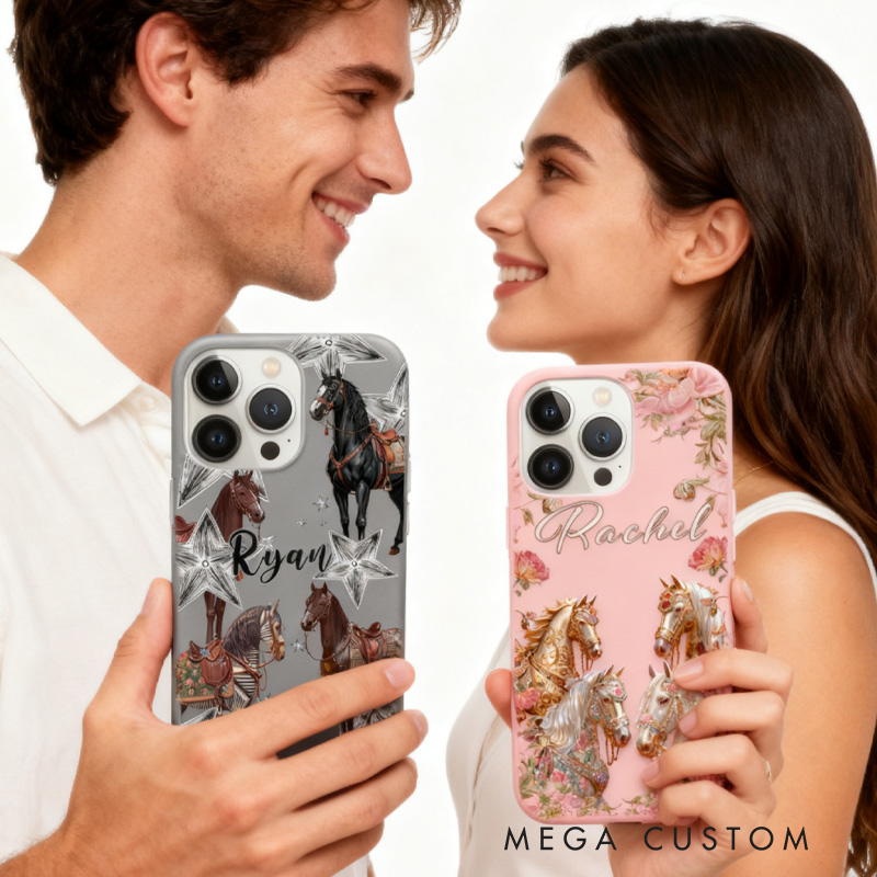 Personalized Couple Phone Case Phone Cases with French Countryside Gifts Floral Design and Custom Name for Riding Lovers Equestrian Lovers Unique Style Phone Cases
