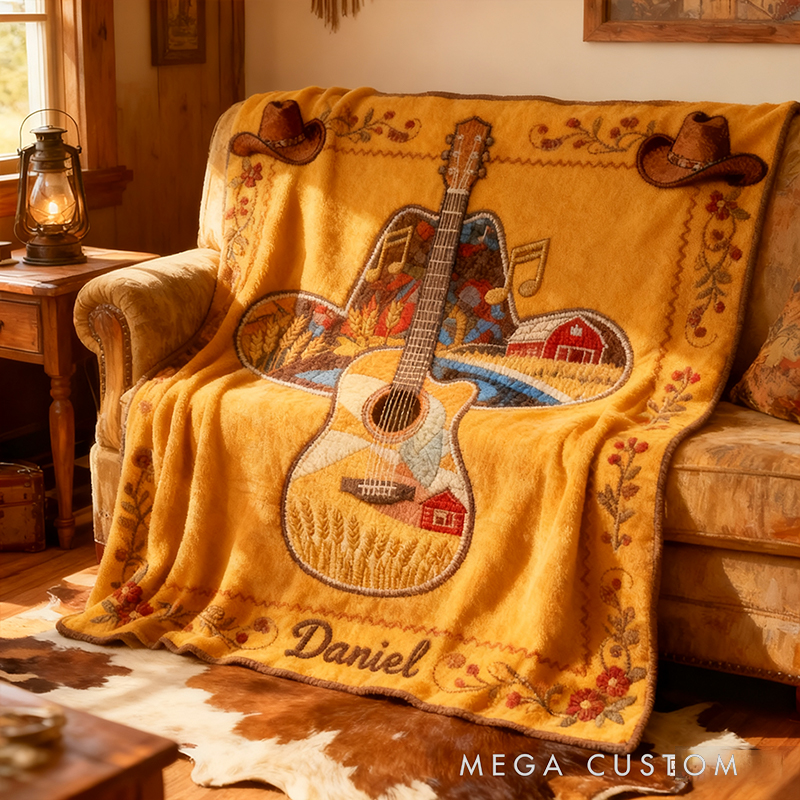 Personalized West Cowboy Guitar Blanket Flannel Blanket Country Music Blanket with Name for Him Her for Husband Wife Boyfriend Girlfriend Friends Familys