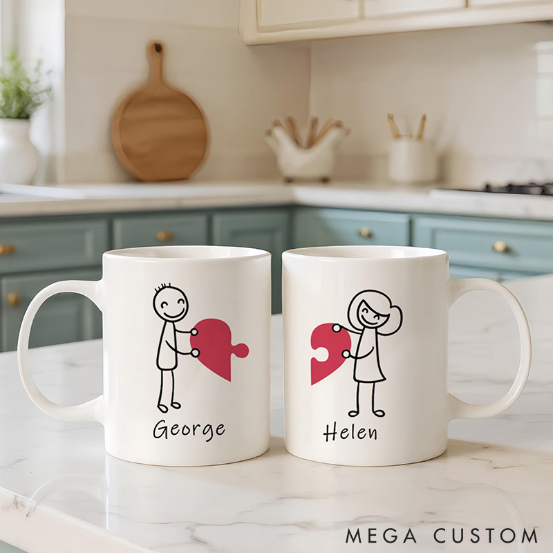 Personalized Couple Heart Pazzle Mugs Couple Coffee Mug Custom Name Valentine's Gift for Girlfriend Boyfriend Gift for Husband Wife 