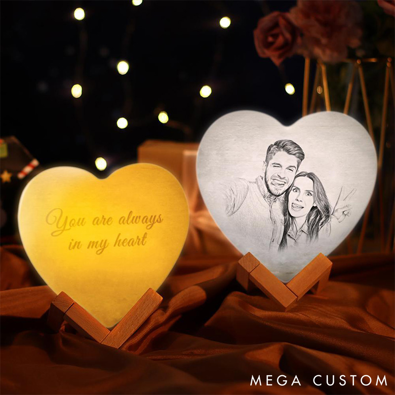 Personalized Couple Photo Heart Moon Night Light Moon Touch Lamp from Your Photo 3D Printed Lunar Led Table Lamp Anniversary Valentines Day Gift