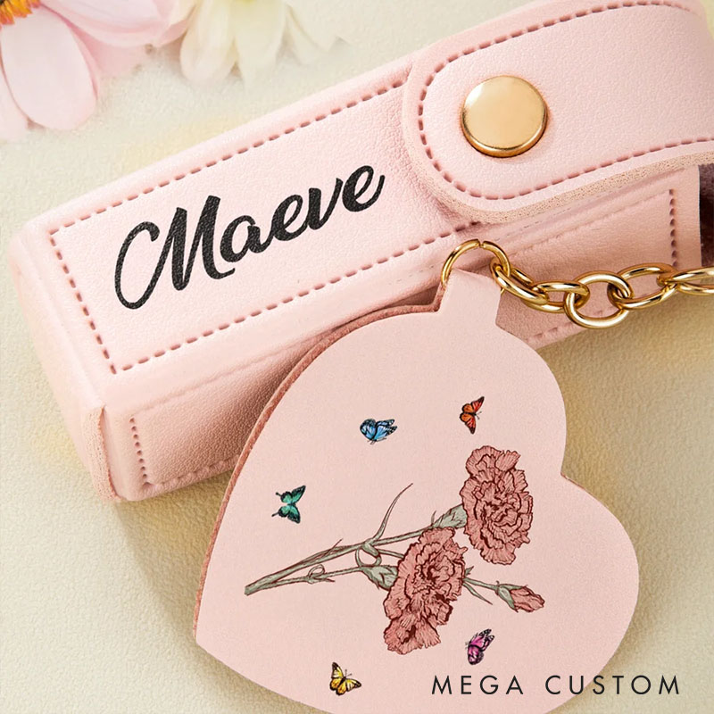 Personalized Girlfriend Birth Flower PU Leather Name Lipstick Case Keychain with Heart-shaped Mirror Wife Makeup Essentials Women Valentines Day Gift