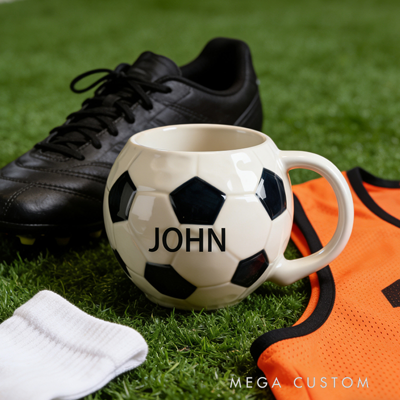 Personalized Soccer Ball Shaped Ceramic Mug - Custom Name Gift for Soccer Fans & Players, 11oz Coffee Cup