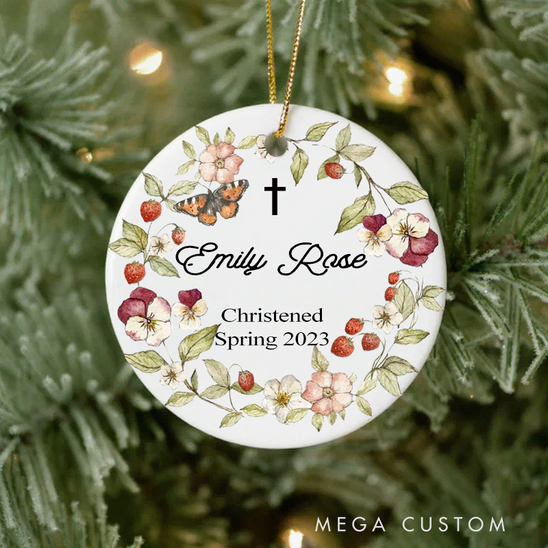 Personalized Cross Floral Wreath Ceramic Ornament with Name Date Christening First Communion Gift for Christian Confirmation Gift